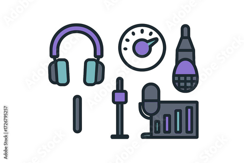 Audio recording and broadcasting equipment set with headphones, various microphones, sound level meter, and mixer elements for digital content