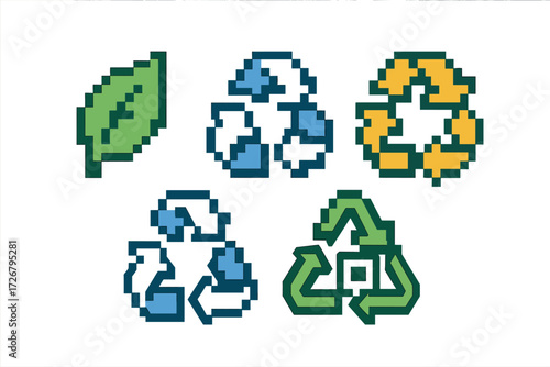 Pixel art recycling symbols and a green leaf for environmental sustainability and eco-friendly concepts