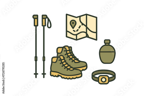Outdoor adventure gear set with hiking boots, trekking poles, map, canteen, and headlamp for exploration