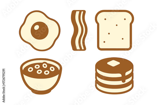 Breakfast food items including fried egg, crispy bacon, sliced toast, a bowl of cereal, and a stack of pancakes with syrup