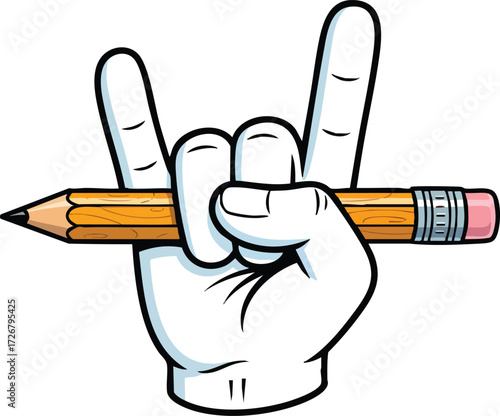 Hand making rock and roll sign holding a pencil a fun and creative design for music lovers, artists, and anyone who enjoys a bit of rebellious spirit