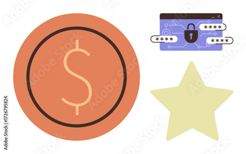 Dollar symbol, lock-password screen, and star indicate money, security, and high-quality service. Ideal for finance, cybersecurity, e-commerce banking reviews ratings and rewards. A simple flat