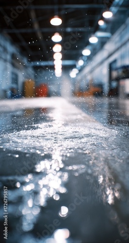 Industrial interior, water-soaked floor