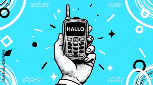 Hand drawn illustration of a hand holding a vintage mobile phone with the german word hallo on the screen, isolated on a blue background