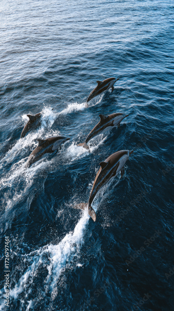 Fototapeta premium Group of dolphins playfully chasing each other
