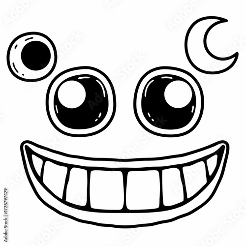 Minimilist cartoonish face with big eyes and a wide toothy grin and moon and circle shapes on top corners vector