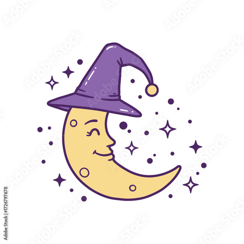 A whimsical cartoon crescent moon wearing a purple witch's hat, smiling peacefully among sparkling stars.