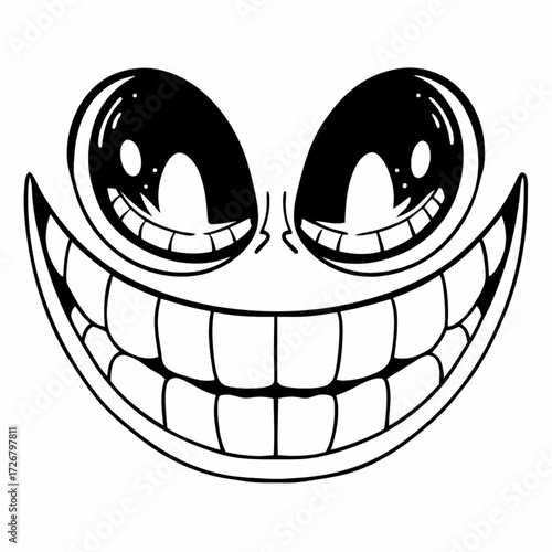 Minimilist cartoonish face with exaggerated eyes and a wide toothy grin in black and white drawing style design vector