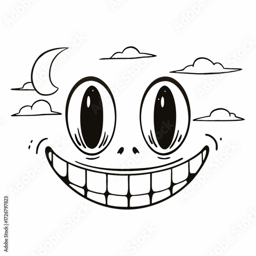 Minimilist cartoon face with large eyes and a wide toothy grin under a moon and cloud filled sky illustration vector