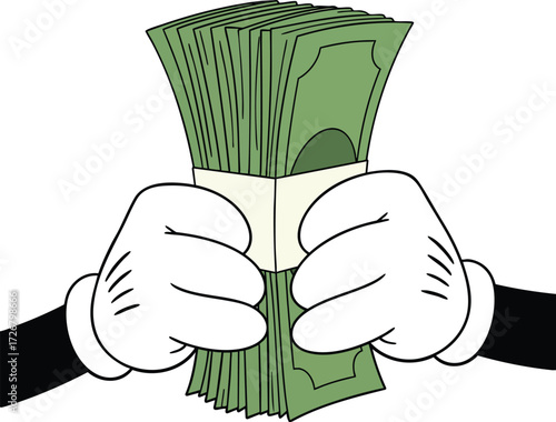 A cartoon hand holds a stack of money, the money is depicted in a simple, graphic style, with bold outlines and flat colors the hands are white