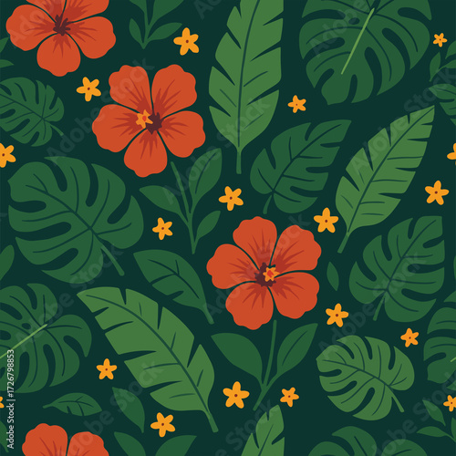 Tropical Floral Seamless Pattern with Red Hibiscus