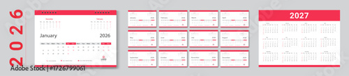 Minimalist 2026 desk Calendar Template Design with Red Accents and Clean Layout