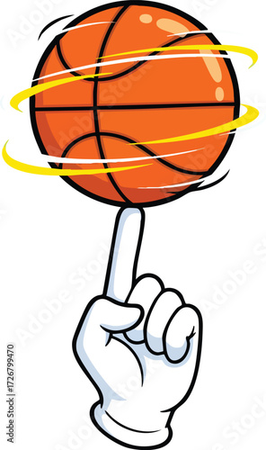 A cartoon basketball spins on a finger, the basketball has motion trails, indicating its rapid rotation and the skill of the person