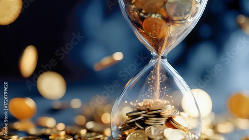Hourglass with golden coins replacing sand, symbolizing wealth, investment, and time value