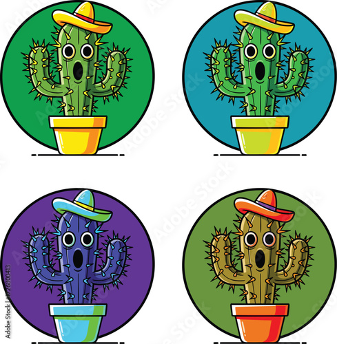 A vibrant collection of whimsical cactus characters, each donning a sombrero and expressing surprise, set against colorful circular backdrops
