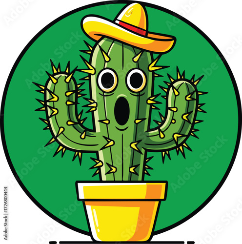 A single, delightful cactus character wearing a sombrero and looking surprised, potted in a yellow pot against a green circular backdrop