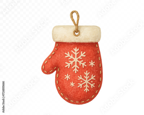 Felt Christmas mitten ornament with stitched edges, decorated with white snowflakes and cozy fur trim, handmade festive holiday hanging decoration. Watercolor vector illustration.