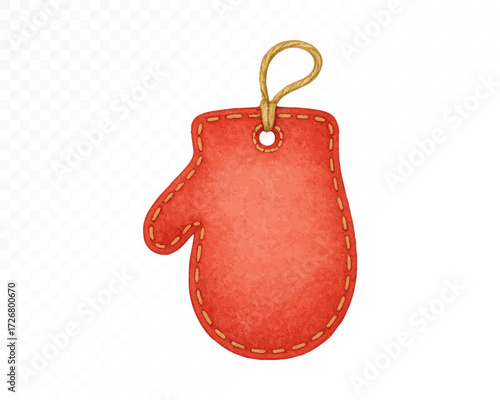 Blank felt mitten tag with stitched edges and hanging rope, handmade craft label for Christmas gift wrapping, holiday greetings, or festive decorations. Watercolor vector illustration.