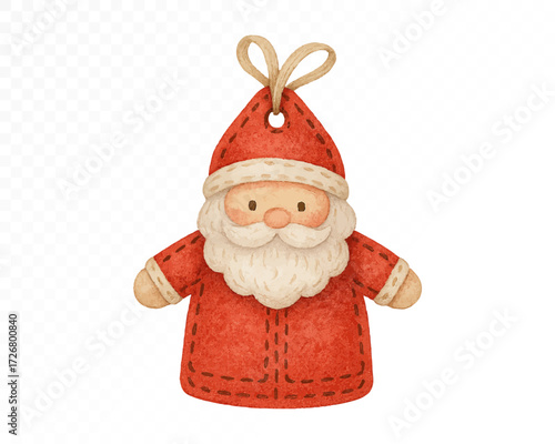 Felt Santa Claus ornament with stitched edges, handmade red Christmas hanging decoration with white beard and festive costume, cozy holiday textile craft. Watercolor vector illustration.