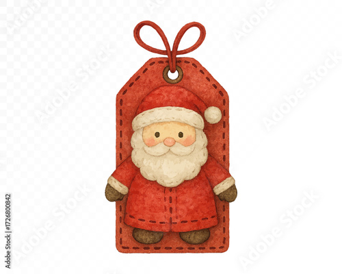 Felt Santa Claus tag ornament with stitched edges, cute red Christmas label decorated with Santa figure, cozy handmade festive holiday hanging decoration. Watercolor vector illustration.