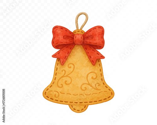 Felt Christmas bell ornament with stitched edges, decorated with elegant swirls and a red bow, cozy handmade festive holiday hanging decoration. Watercolor vector illustration.