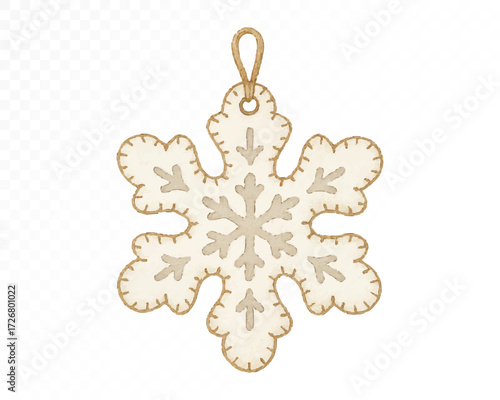 Felt snowflake ornament with stitched edges, white textile decoration for Christmas and winter holidays, cozy handmade festive hanging accessory. Watercolor vector illustration.