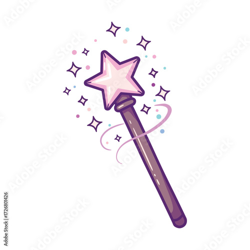 A whimsical cartoon magic wand with a pink star tip, emitting purple and pink sparkles and swirls.