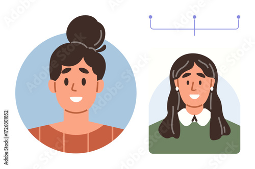Two smiling female avatars in flat style, one with a bun and one with long hair, linked by a subtle connection line. Ideal for profiles, communication, teamwork, networking, community, organization