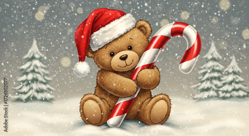 Cute teddy bear in a Christmas hat holding a candy cane in snow  