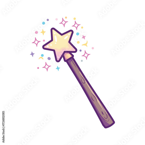 A whimsical cartoon magic wand with a glowing yellow star and colorful sparkles, isolated on a white background.
