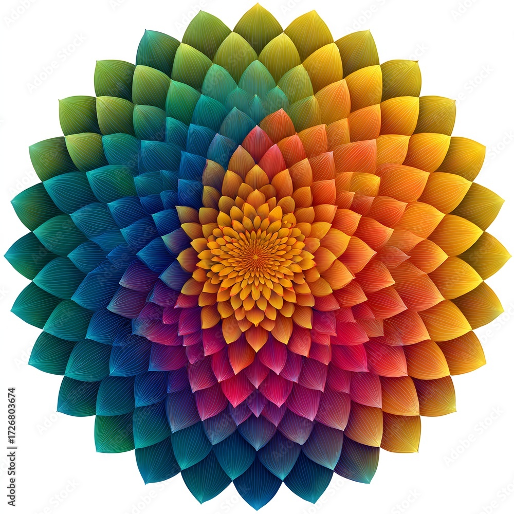 Fototapeta premium Bright rainbow sunflower mandala, colorful gradient vector, no text