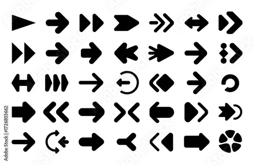 Collection of Black Arrow Icons: Directional, Navigation, and Control Symbols