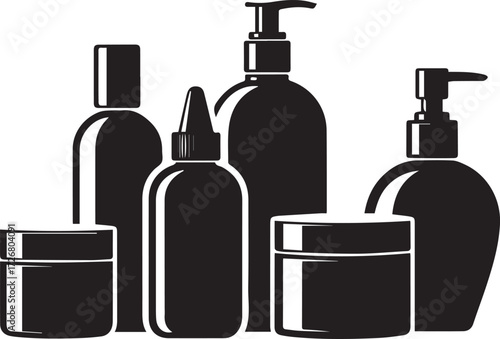 Cosmetic product silhouettes diverse skincare bottles and jars for branding and design