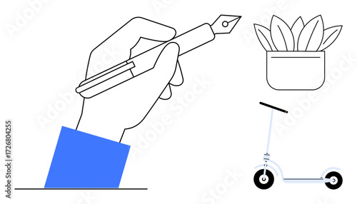 Hand gripping fountain pen, simple potted plant, and sleek electric scooter emphasize creativity, sustainability, and modern technology. Ideal for writing, eco-living, innovation, mobility
