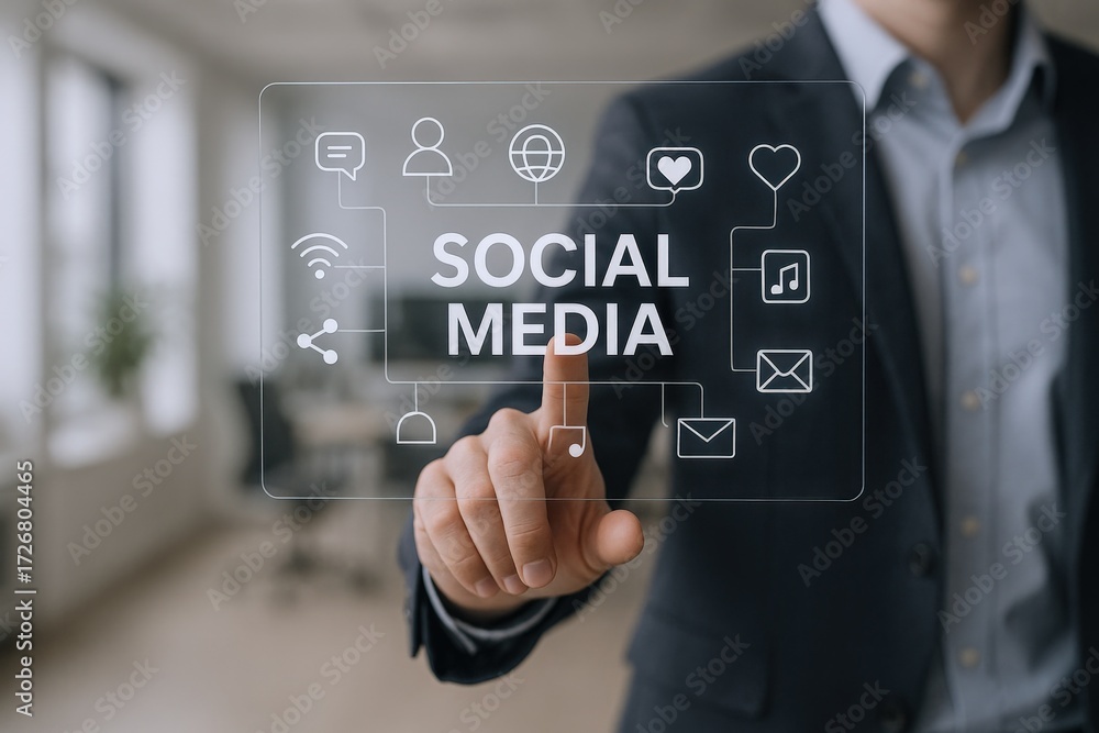 Obraz premium Social Media Marketing Strategy Interface Concept: Businessman Interacting with Virtual Screen to Boost Online Presence