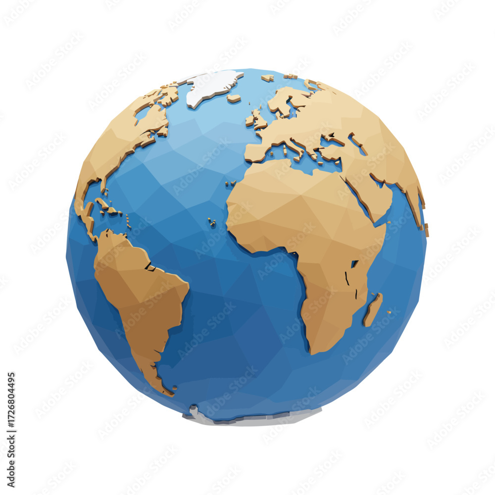Naklejka premium A stylized, low-poly 3D rendering of planet Earth, featuring geometric continents and oceans on a white background.