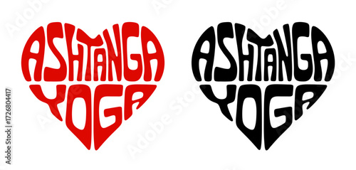 Heart-shaped sticker set featuring "ASHTANGA YOGA" in colorful and black design. Dynamic practice where postures are combined with breathing in a strictly defined sequence