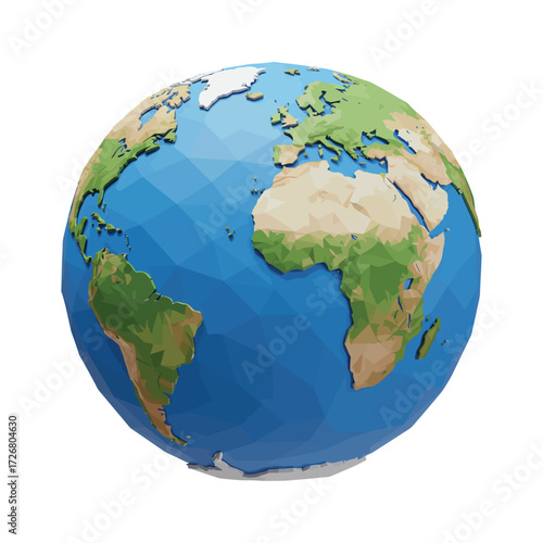 A stylized low-polygon 3D rendering of planet Earth, showing the continents of Africa, Europe, and South America on a white background.