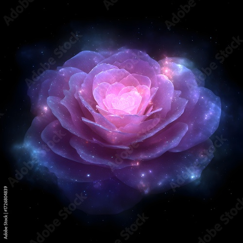 Glowing neon rose with cosmic galaxy tones, no text