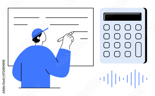 Person writing on board, large calculator, and sound waves representing learning, calculation, and modern technology. Ideal for education, training, math, technology remote work e-learning