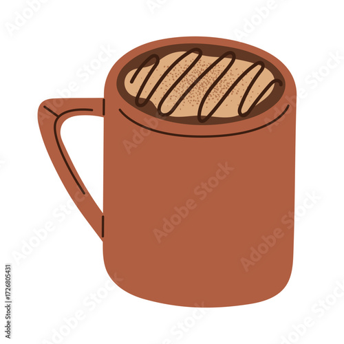 Mug with hot mocha coffee drink. Flat cartoon style vector illustration isolated on white background