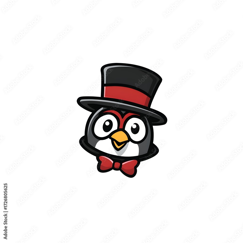 Fototapeta premium Bird peeking out of a magicianâ€™s hat, funny cartoon logo, white background, no text