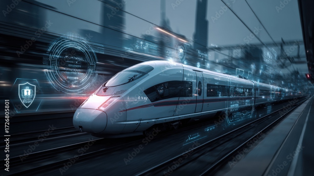 Fototapeta premium Modern High-Speed Train with Digital Technology Overlay, Illustrating Smart Transportation and Advanced Connectivity