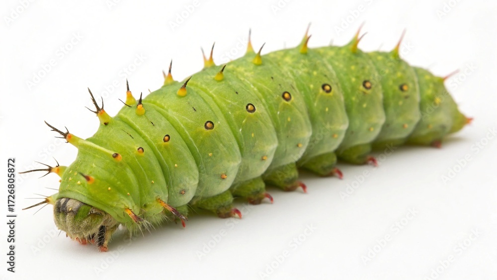 Naklejka premium Luna Moth caterpillar with bright green segmented body and small spines isolated on a clean white studio background, sharp focus, and professional studio lighting