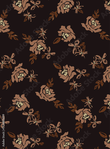Abstract solid vector textile design, arrangement with a monochrome rose flower, all-over seamless pattern with brown and cream tone color illustration, digital image printing factory