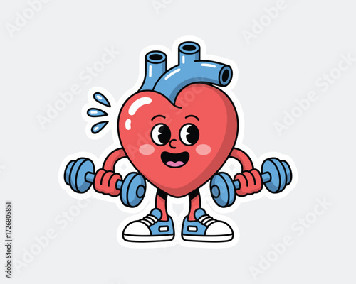 Cartoon heart lifting dumbbells