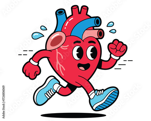 Cartoon heart running isolated on white background