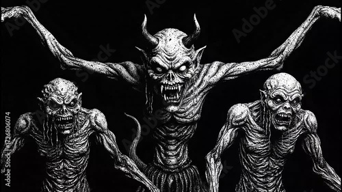 Terrifying demonic creatures lurch forward with menacing claws and sharp fangs, evoking primal fear in a dark, atmospheric scene perfect for horror projects.
