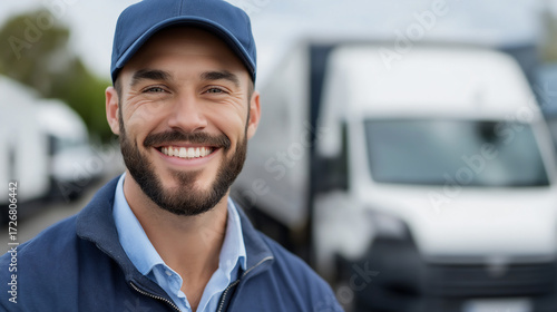Wallpaper Mural Truck driver smiling in cap and uniform for outdoor vehicle transportation and delivery Torontodigital.ca