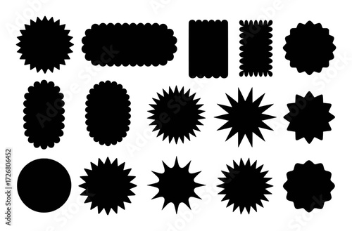 Collection of Black Starburst and Scalloped Edge Shapes on White Background